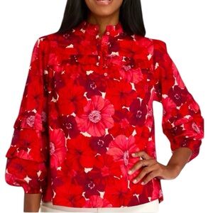Red Poppy Women’s Ruffle Top XS Romantic Cottagecore Blouson Sleeves Valentine